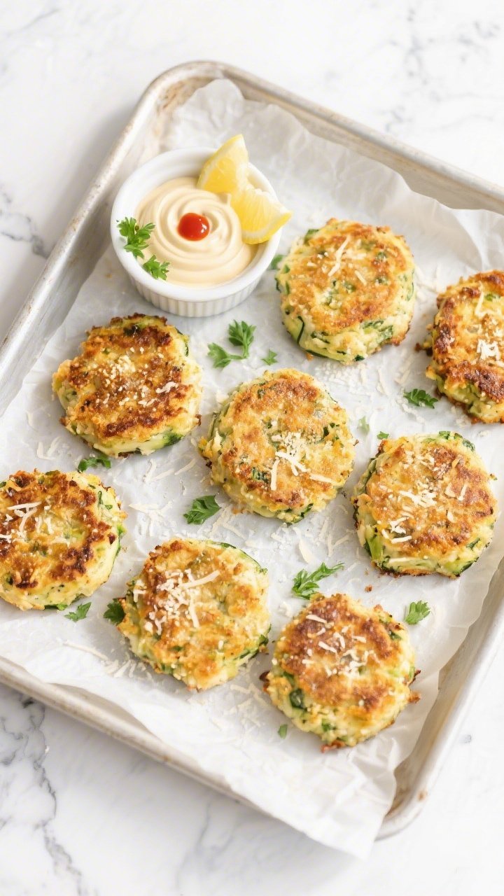 Tasty top view: Overhead shot of a parchment-lined tray with freshly cooked keto zucchini crab cakes