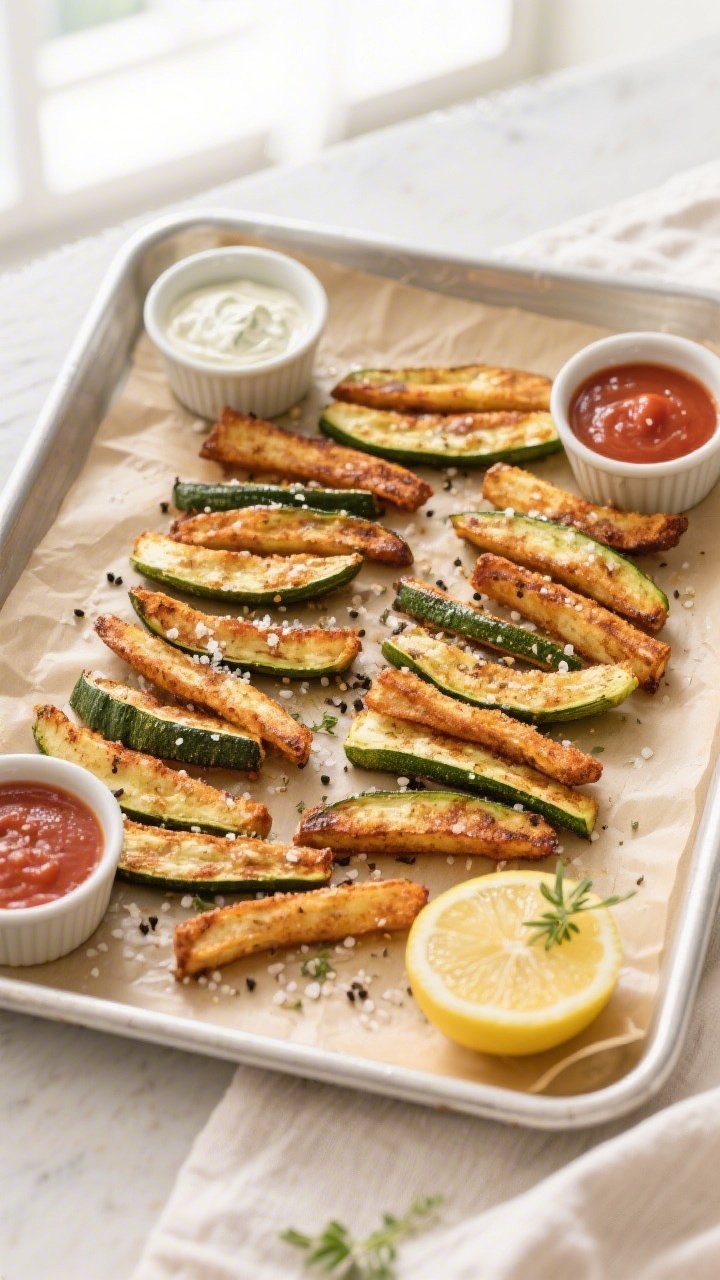 Tasty top view: Overhead shot of a parchment-lined tray with a single layer of cooked zucchini fries