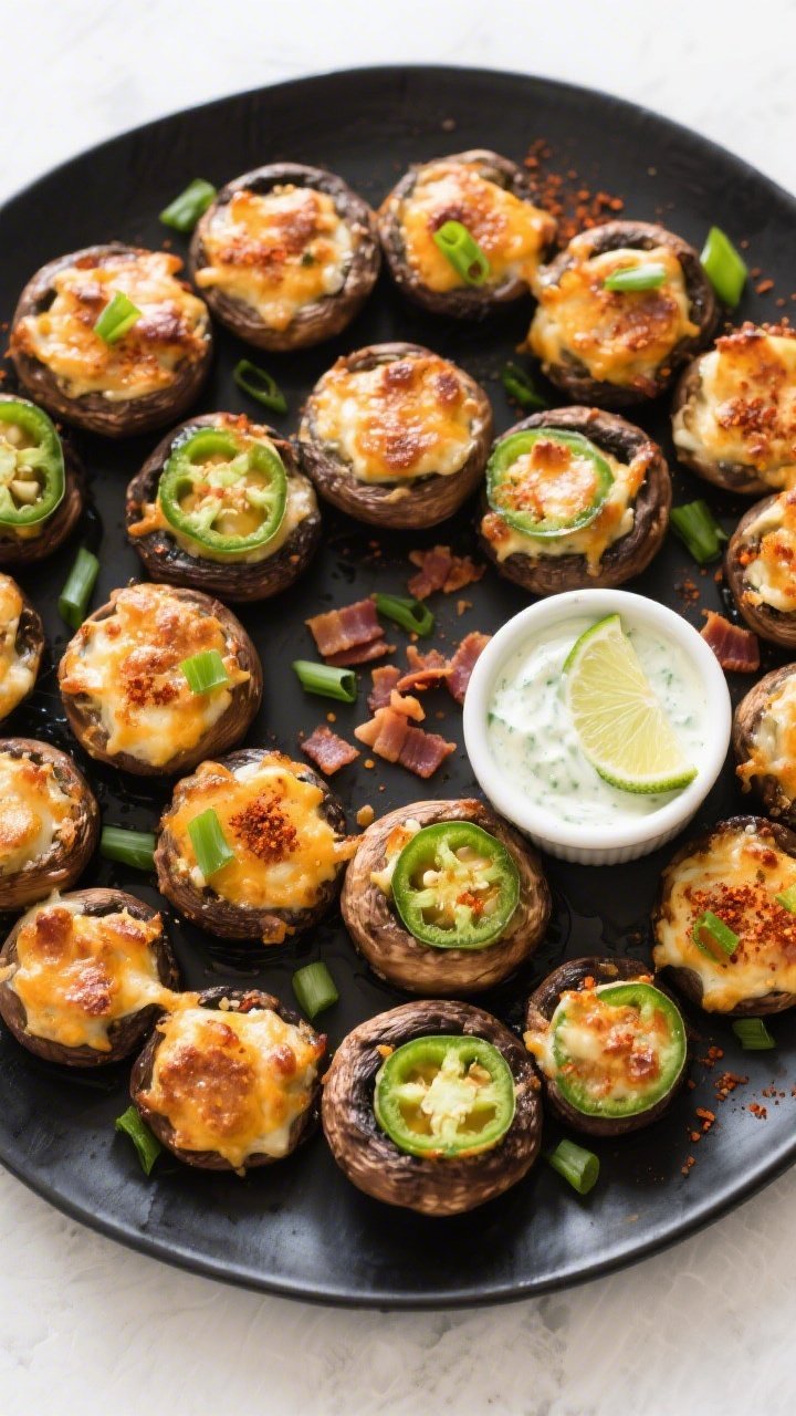 Tasty top view: Overhead shot of a party platter of Keto Jalapeño Popper Stuffed Mushrooms arranged