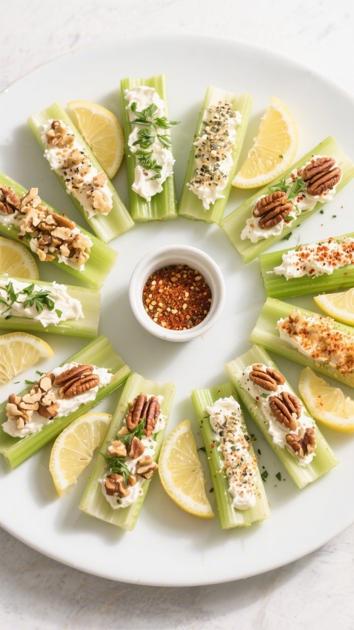 Tasty top view: Overhead shot of a party platter of Keto Cream Cheese Stuffed Celery Boats arranged 