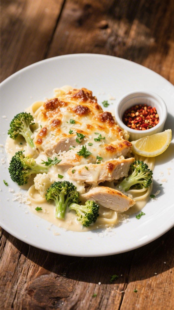 Tasty top view: Overhead shot of a plated serving of Keto Chicken Alfredo Bake on a matte white dinn