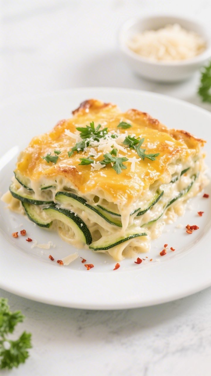 Tasty top view: Overhead shot of a plated serving of Keto Zucchini Alfredo Bake on a simple white pl