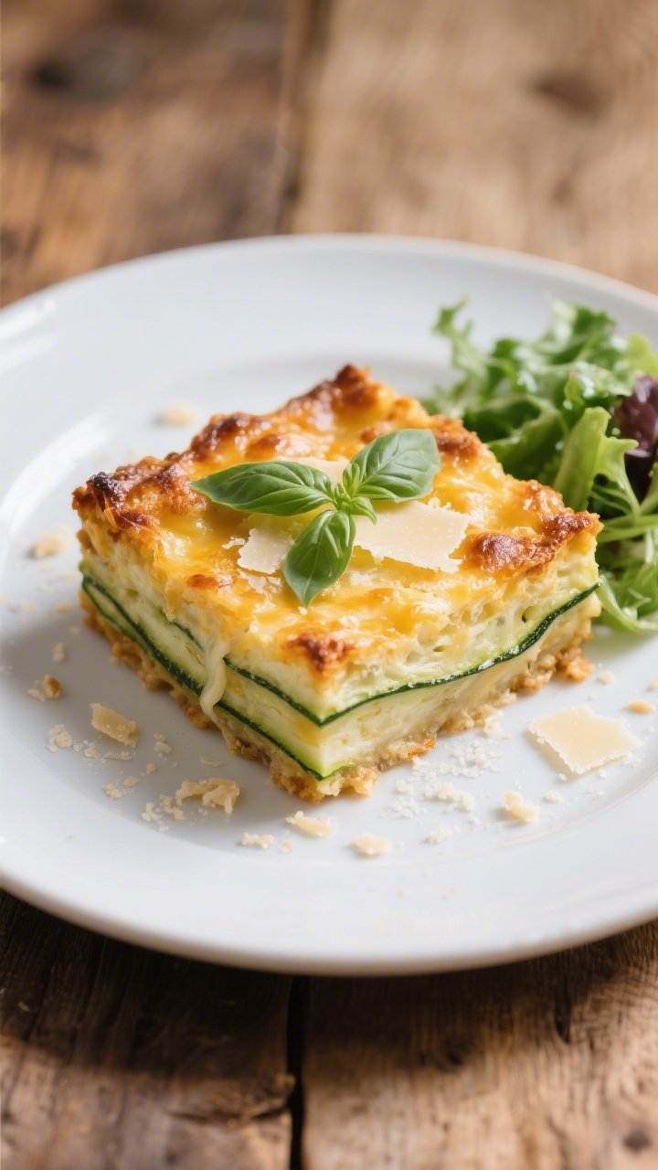 Tasty top view: Overhead shot of a plated square of Cheesy Keto Zucchini Casserole with distinct lay