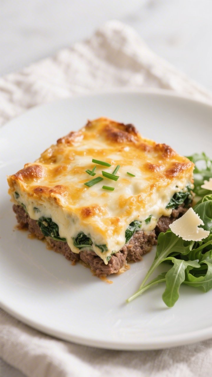 Tasty top view: Overhead shot of a plated square of the casserole on a matte white plate, topped wit