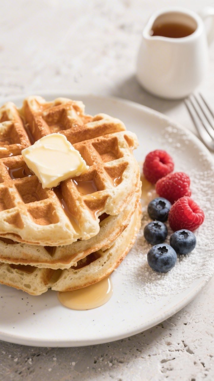 Tasty top view: Overhead shot of a plated stack of fluffy keto waffles on a white ceramic plate, pat
