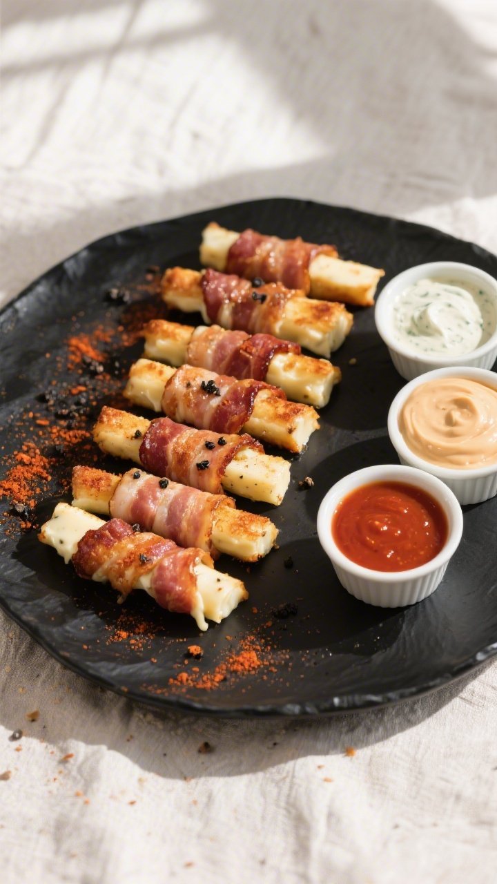 Tasty top view: Overhead shot of a platter of Keto Smoky Bacon Wrapped Cheese Sticks arranged neatly
