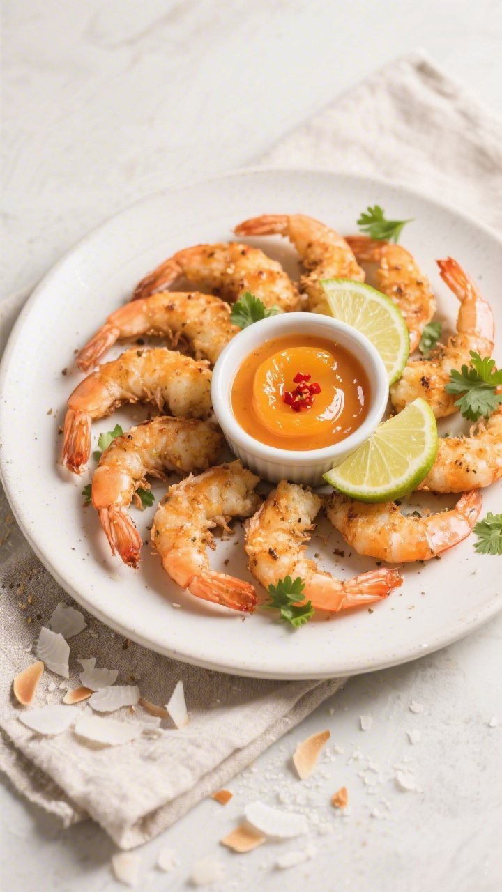 Tasty top view: Overhead shot of a platter of keto coconut shrimp arranged in a loose spiral on a ma