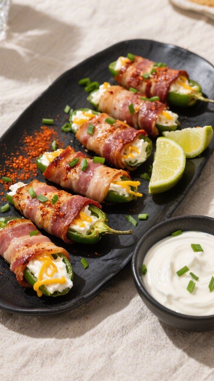Tasty top view: Overhead shot of a serving platter of Keto Bacon Wrapped Cream Cheese Jalapeños arr