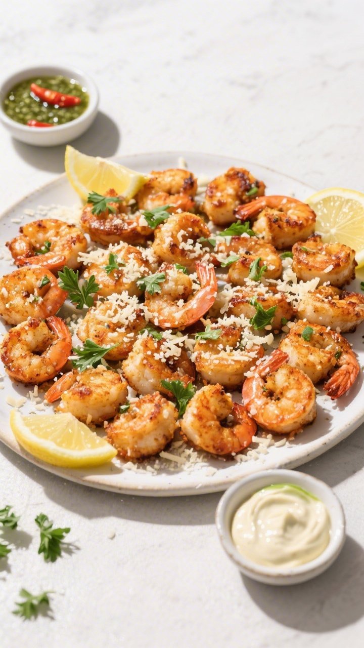 Tasty top view: Overhead shot of a shareable platter of Garlic Parmesan Keto Shrimp Bites cooked to 