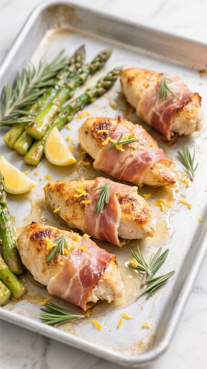 Tasty top view: Overhead shot of a sheet pan dinner version—four golden prosciutto-wrapped chicken