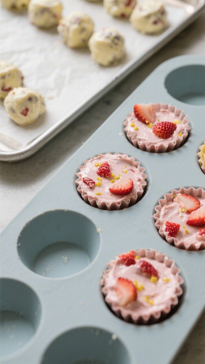 Tasty top view: Overhead shot of a silicone mini muffin mold filled nearly to the top with the straw