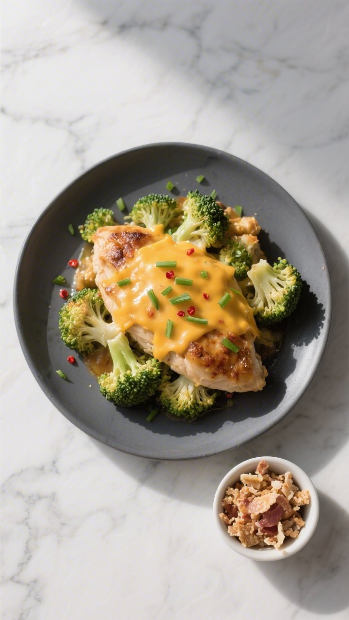 Tasty top view: Overhead shot of a single plated serving of Keto Cheesy Chicken and Broccoli Bake on