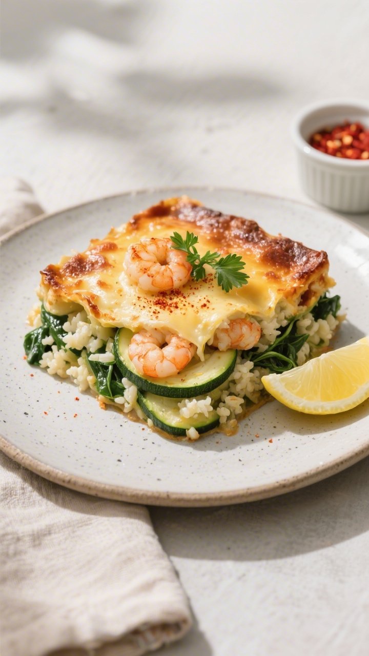 Tasty top view: Overhead shot of a single plated serving of Keto Shrimp Casserole on a matte stonewa