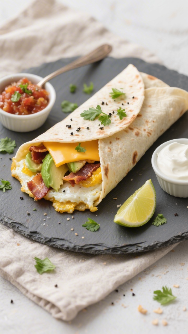 Tasty top view: Overhead shot of a sliced keto breakfast burrito on a matte slate plate, halves angl