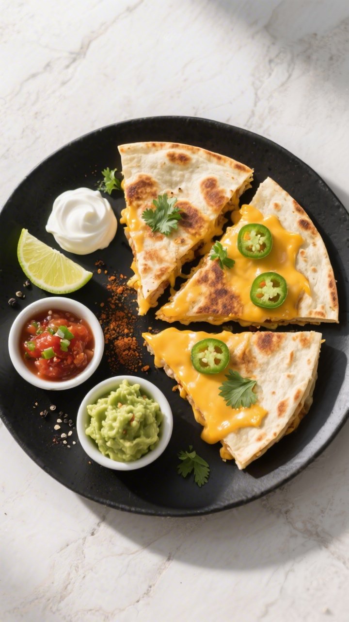Tasty top view: Overhead shot of a sliced keto cheesy chicken quesadilla fanned into wedges on a mat