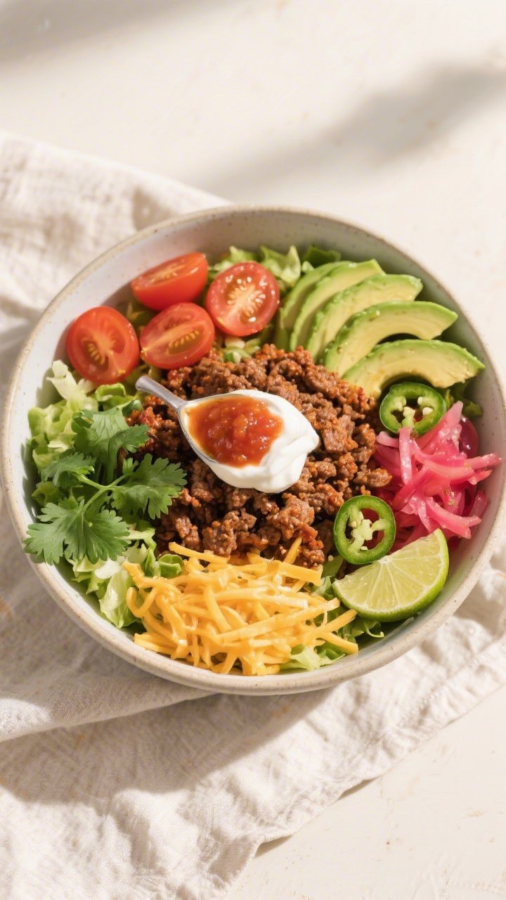 Tasty top view: Overhead shot of a vibrant Keto Ground Beef Taco Bowl neatly composed—bed of crisp