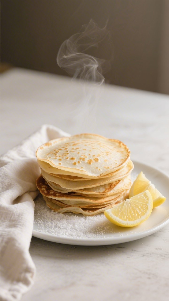 Tasty top view: Overhead shot of a warm stack of cooked crepes on a matte white plate, each crepe th