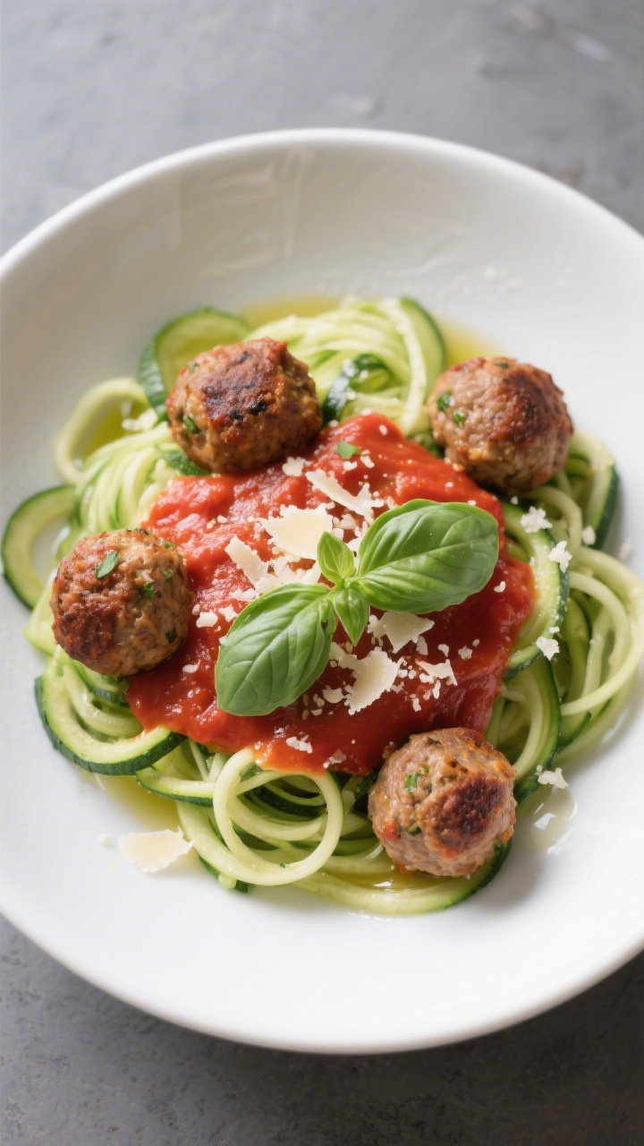 Tasty top view: Overhead shot of a white shallow bowl filled with zucchini noodles topped with sever