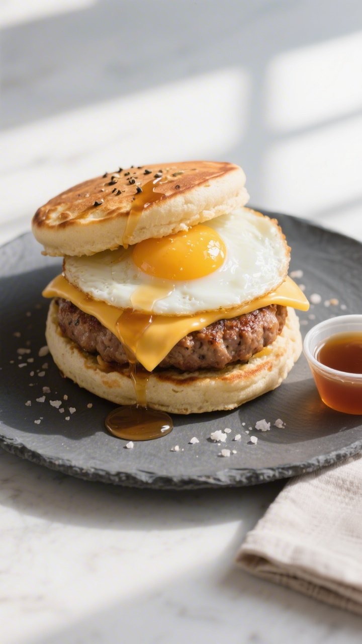 Tasty top view: Overhead shot of an assembled Keto “McGriddle” on a matte slate plate—stacked 
