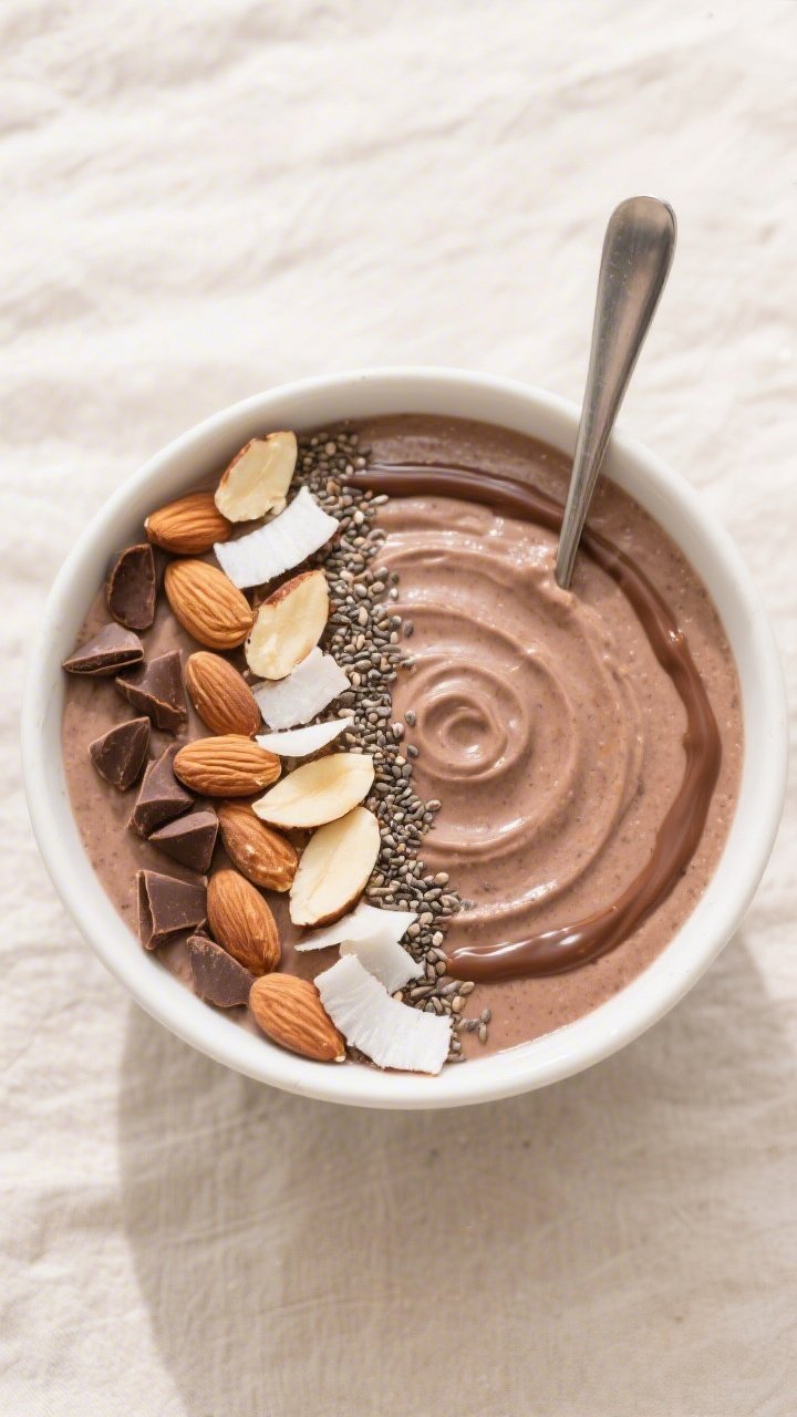 Tasty top view: Overhead shot of an extra-thick Almond Joy smoothie bowl, spoonable texture with gen
