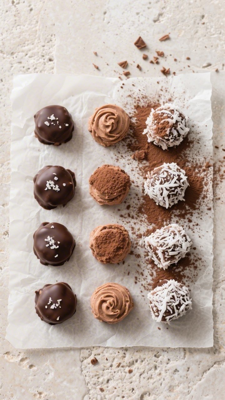 Tasty top view: Overhead shot of assorted finished mousse bites arranged in a neat grid on parchment