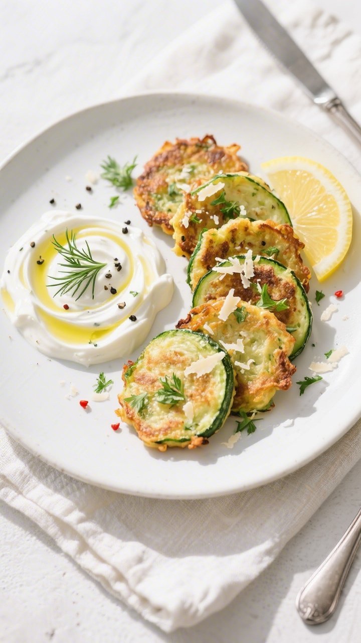 Tasty top view: Overhead shot of beautifully plated keto zucchini fritters arranged in a loose fan o