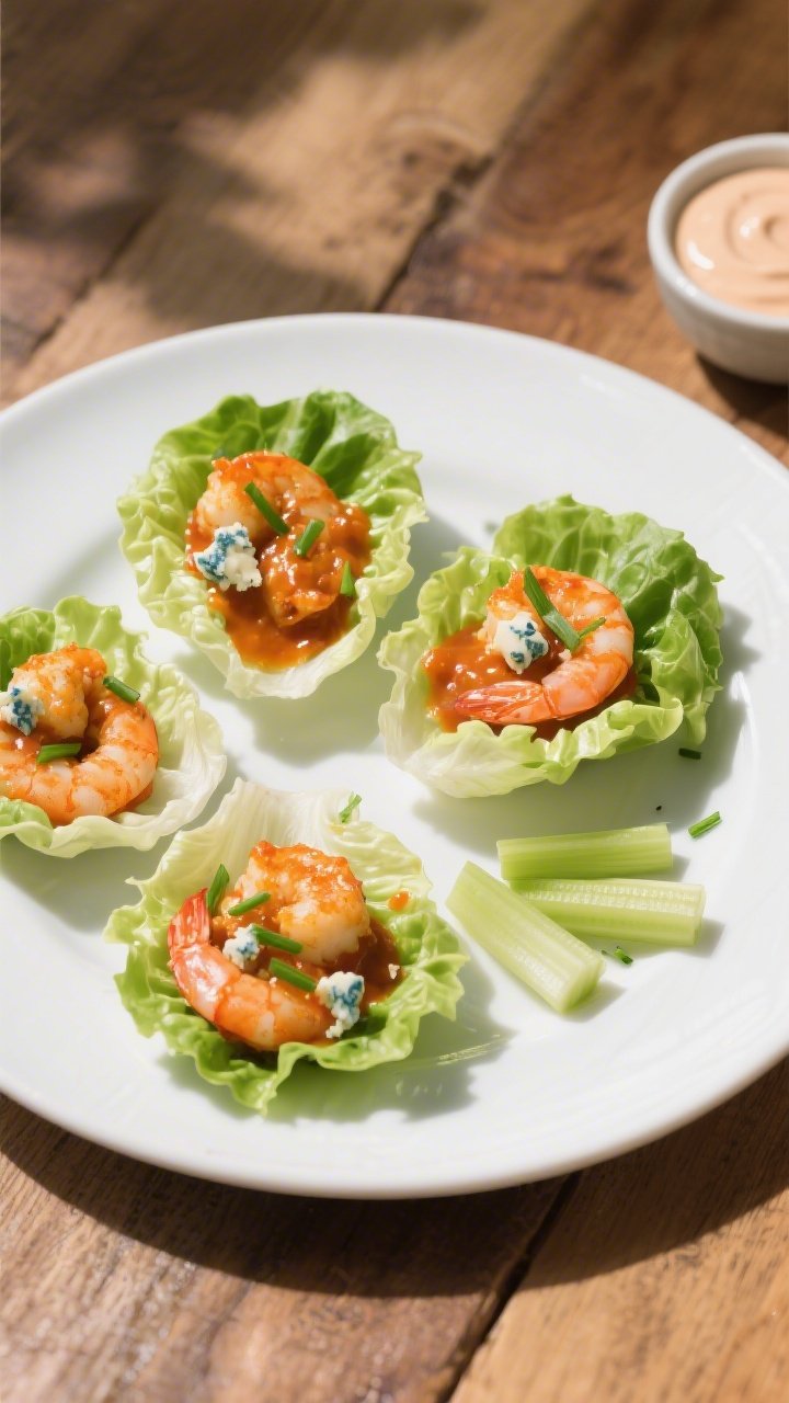Tasty top view: Overhead shot of Buffalo shrimp lettuce cups for a low-carb meal, crisp romaine or b