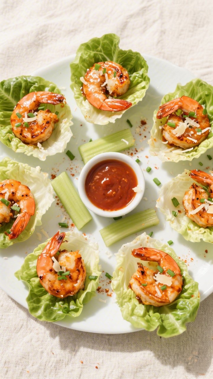 Tasty top view: Overhead shot of buffalo shrimp tucked into butter lettuce cups arranged in a loose