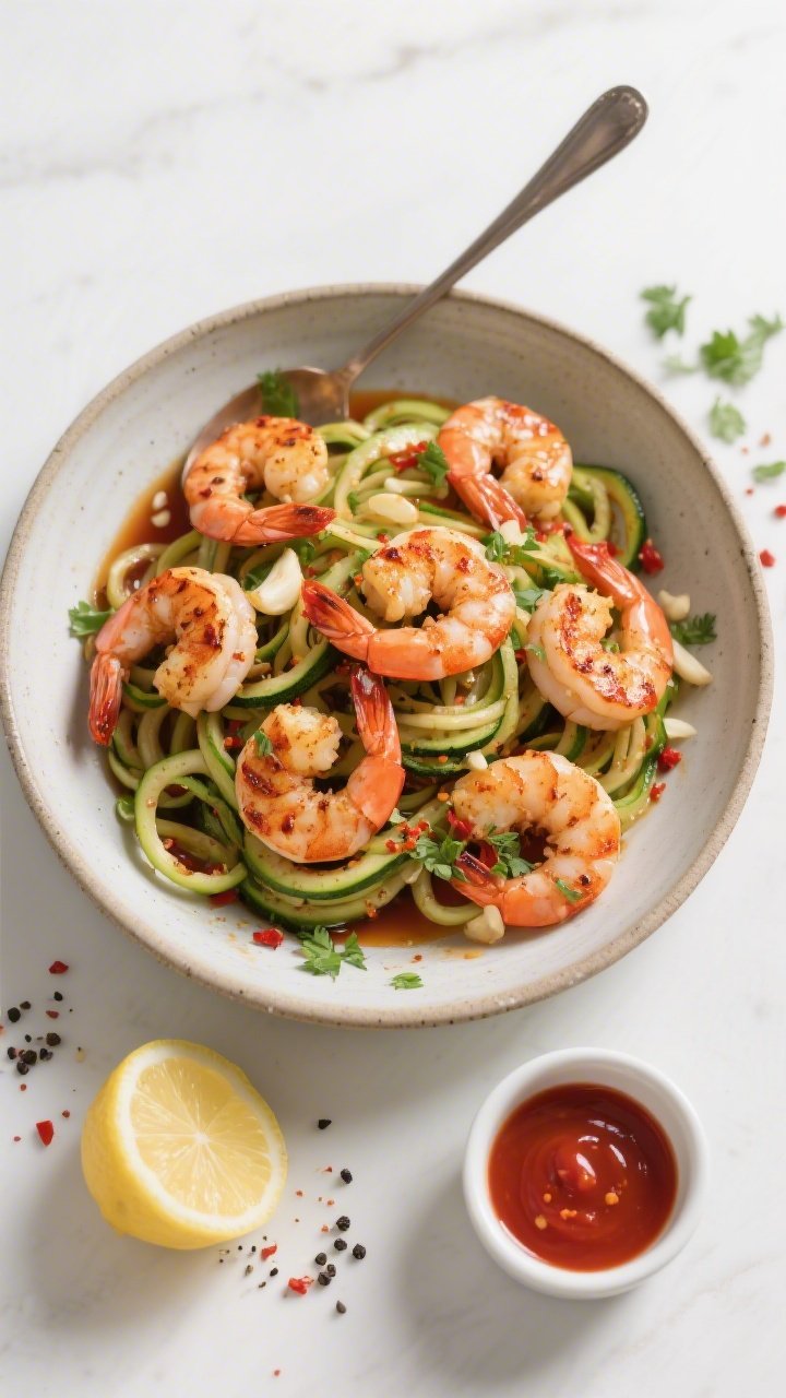 Tasty top view: Overhead shot of Cajun shrimp piled over zucchini noodles (zoodles) in a wide cerami