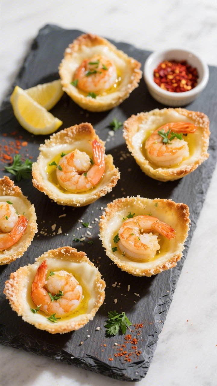 Tasty top view: Overhead shot of crisp, golden Parmesan–mozzarella snack cups filled with garlic b