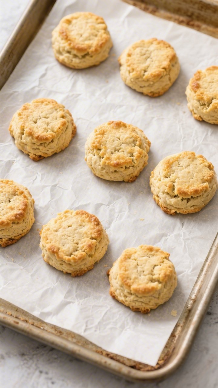 Tasty top view: Overhead shot of eight round keto biscuits arranged on a parchment-lined baking shee