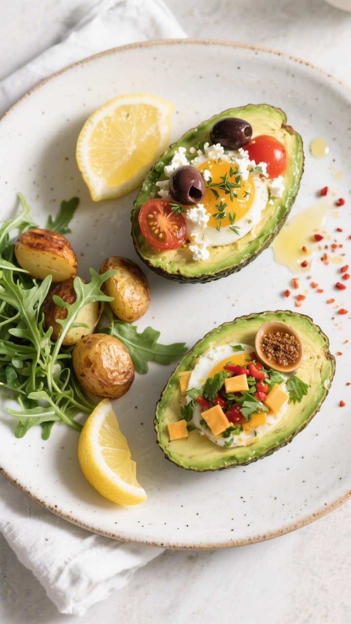 Tasty top view: Overhead shot of final plated avocado egg boats, two halves on a white stoneware pla