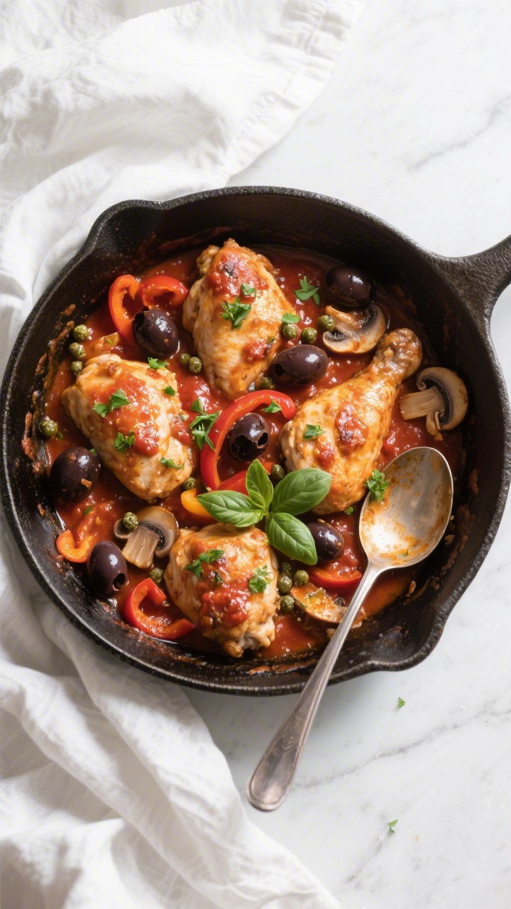 Tasty top view: Overhead shot of finished keto chicken cacciatore in a wide skillet, chicken pieces