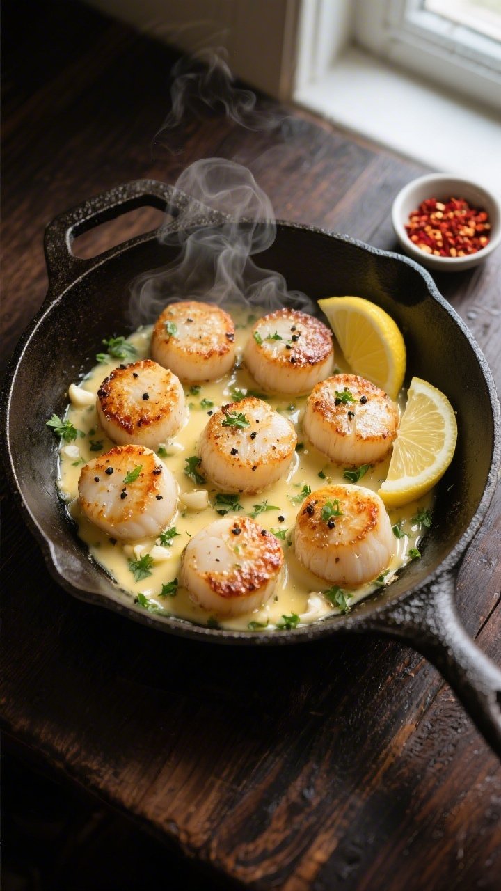 Tasty top view: Overhead shot of garlic butter scallops returned to the pan for finishing—pan fill