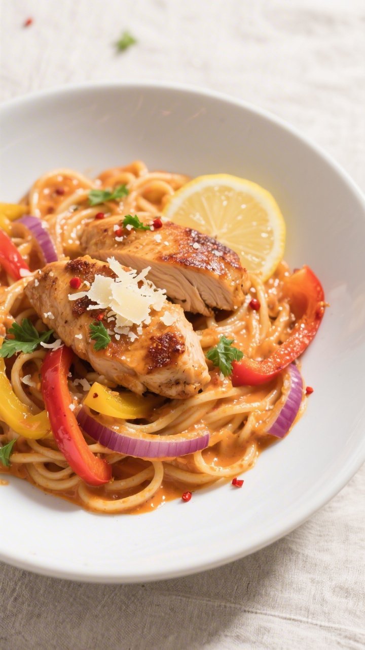 Tasty top view: Overhead shot of keto Cajun chicken pasta tossed with shirataki noodles, coated in a