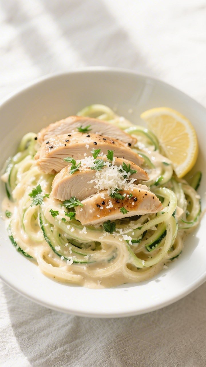 Tasty top view: Overhead shot of Keto Chicken Alfredo Zoodle Bowl just after tossing—zoodles glist