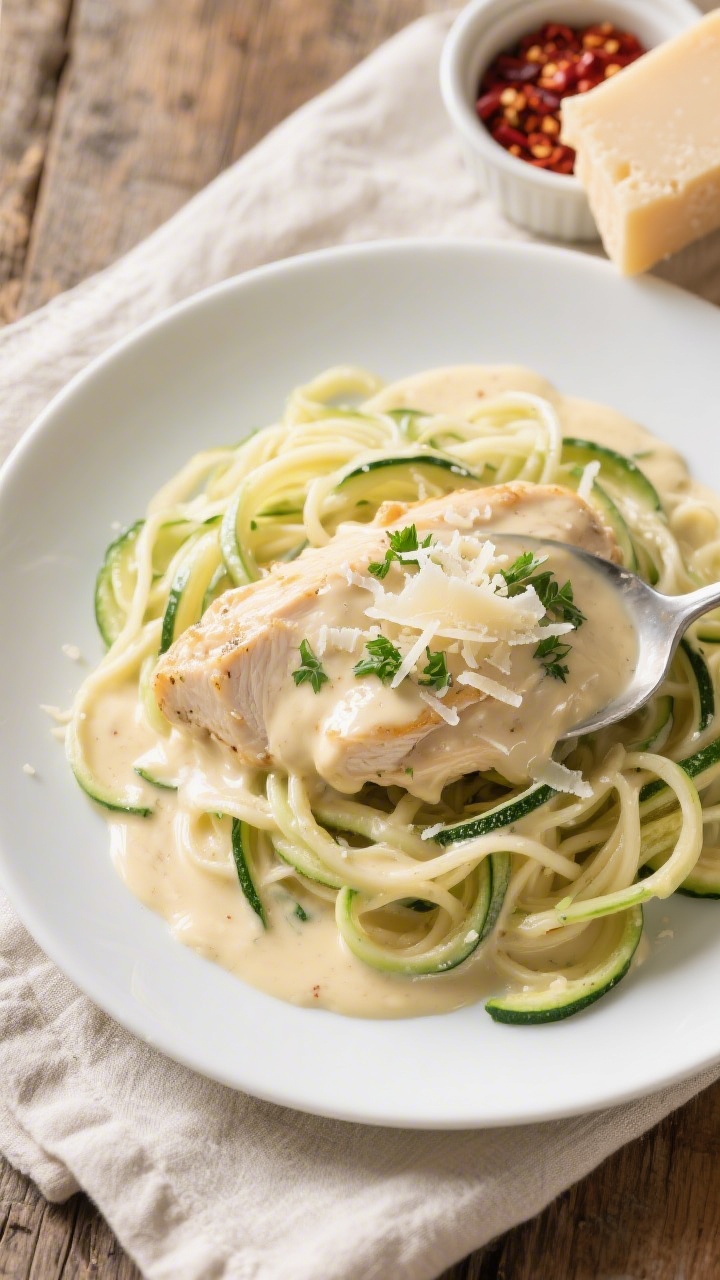 Tasty top view: Overhead shot of Keto Chicken Alfredo spooned over twirled zucchini noodles and spag