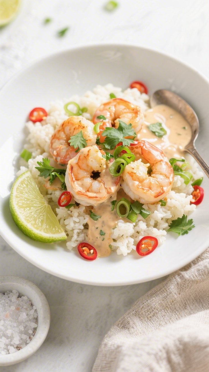 Tasty top view: Overhead shot of Keto Coconut Lime Shrimp spooned over fluffy cauliflower rice in a