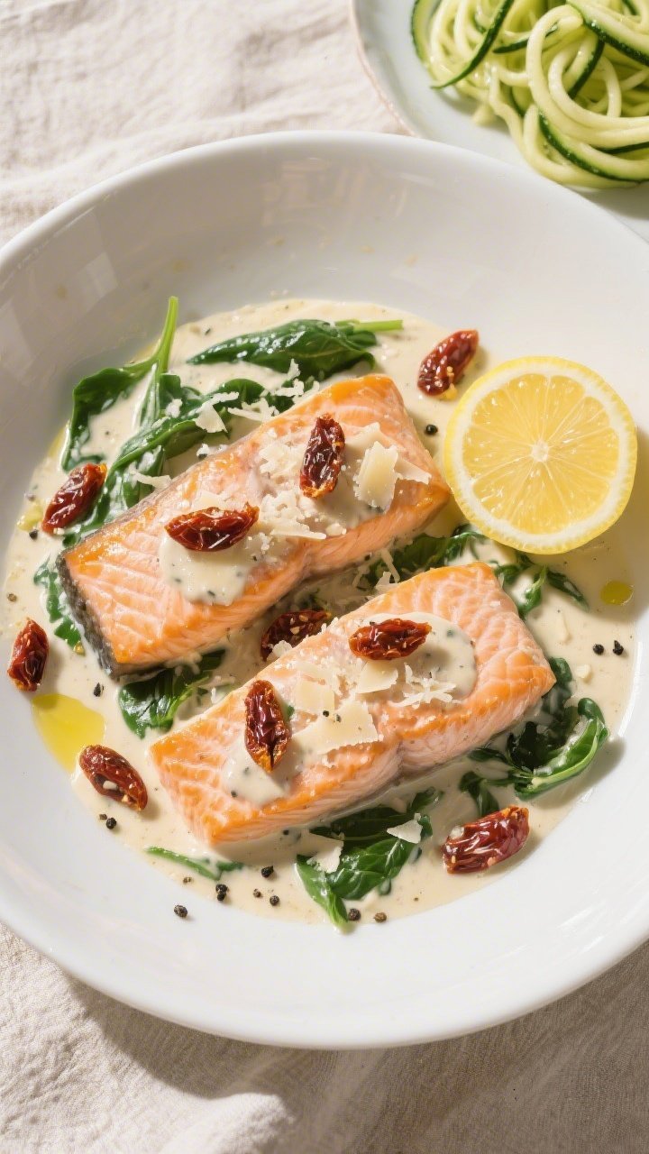 Tasty top view: Overhead shot of Keto Creamy Garlic Tuscan Salmon plated for serving—two salmon fi
