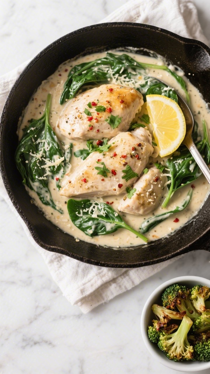 Tasty top view: Overhead shot of Keto Creamy Garlic Butter Chicken nestled in a skillet with a thick