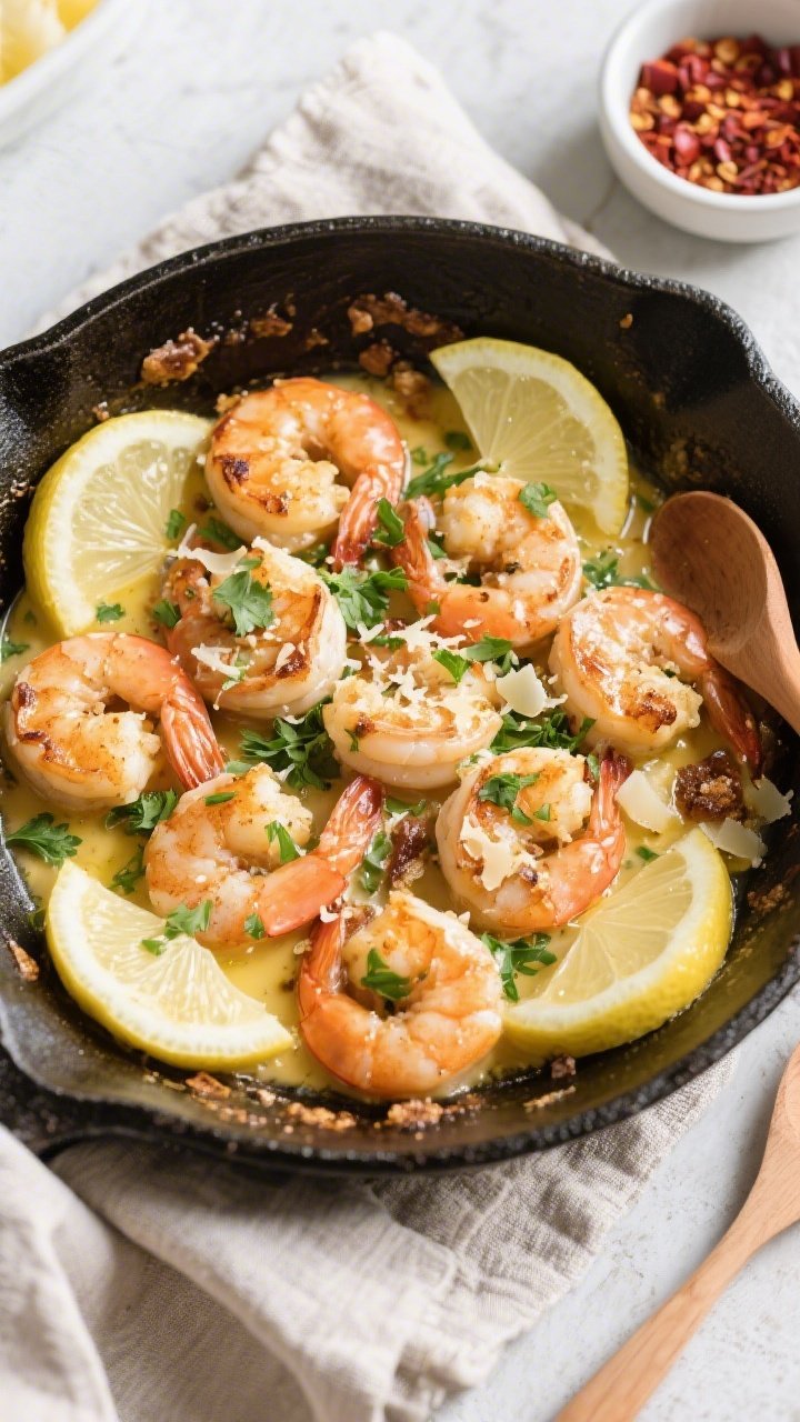 Tasty top view: Overhead shot of Keto Garlic Butter Shrimp Skillet just finished in the pan—shrimp