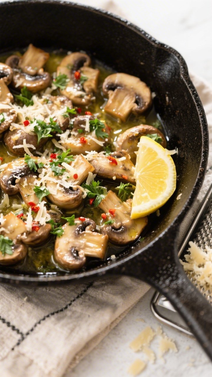 Tasty top view: Overhead shot of Keto Garlic Butter Parmesan Mushrooms just off the heat, coated in 