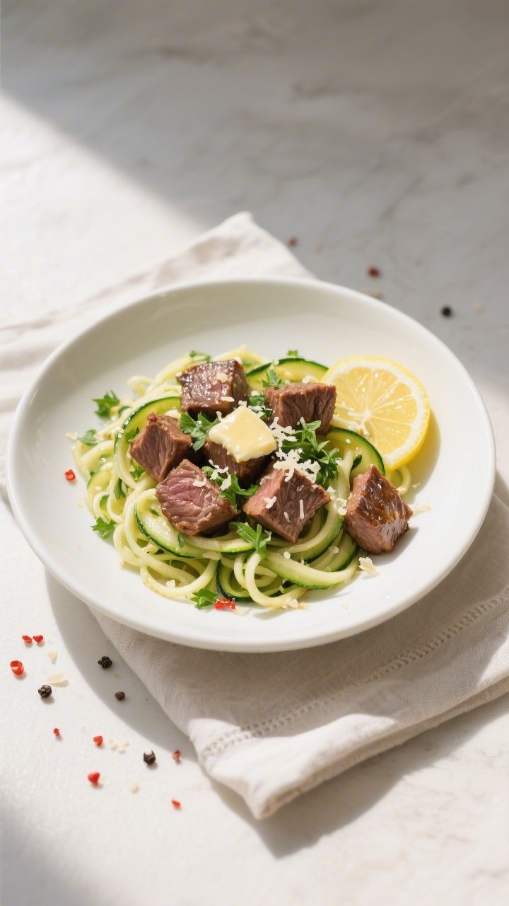 Tasty top view: Overhead shot of Keto Garlic Butter Steak Bites Italian Style served over twirled zu