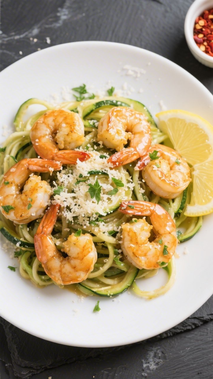 Tasty top view: Overhead shot of keto garlic Parmesan shrimp tossed in a glossy butter-lemon-Parmesa