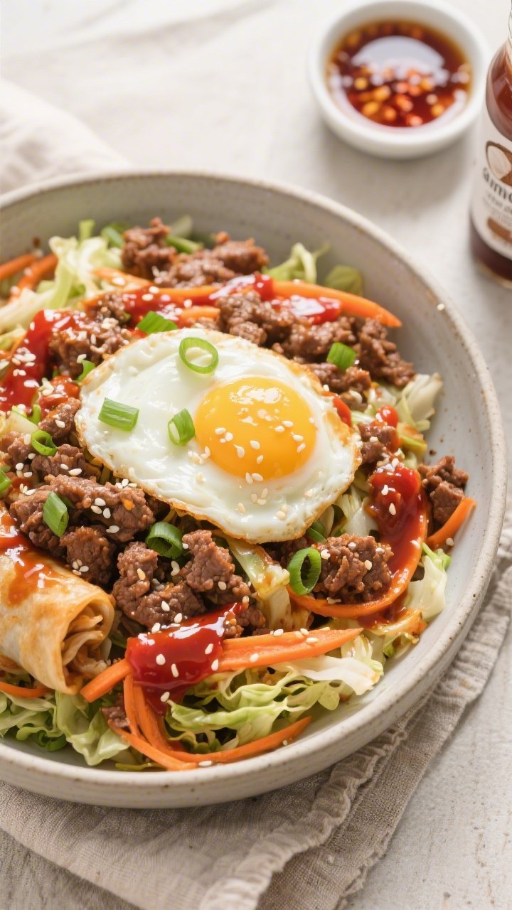 Tasty top view: Overhead shot of Keto Ground Beef Egg Roll in a Bowl just after saucing, showing a v