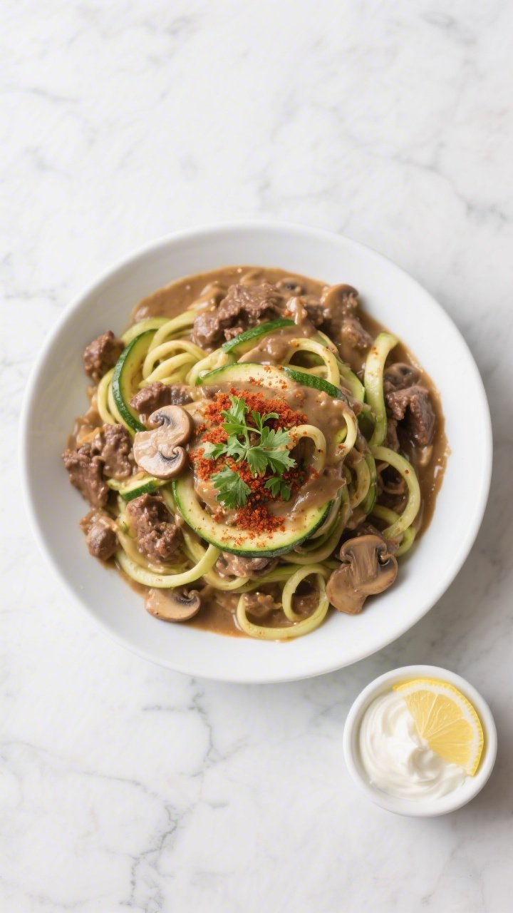 Tasty top view: Overhead shot of Keto Hamburger Stroganoff served on zucchini noodles in a shallow w