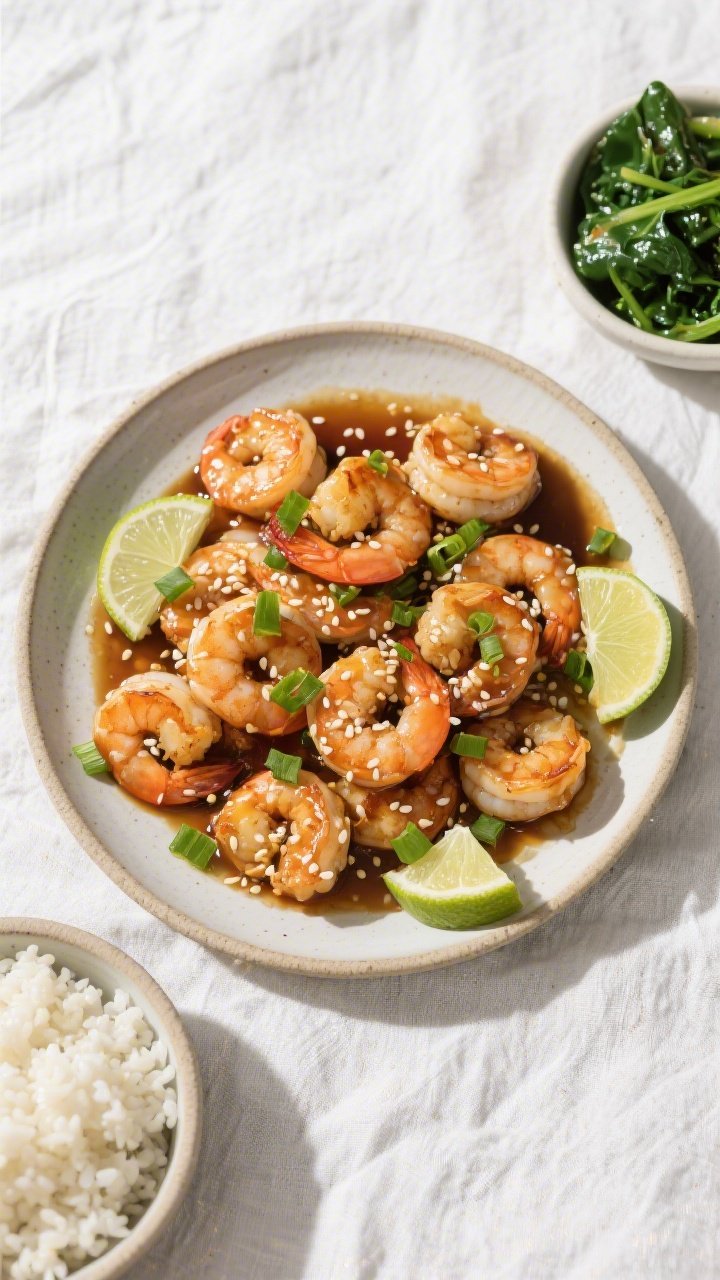 Tasty top view: Overhead shot of Keto Honey Garlic Shrimp served family-style in a shallow ceramic p
