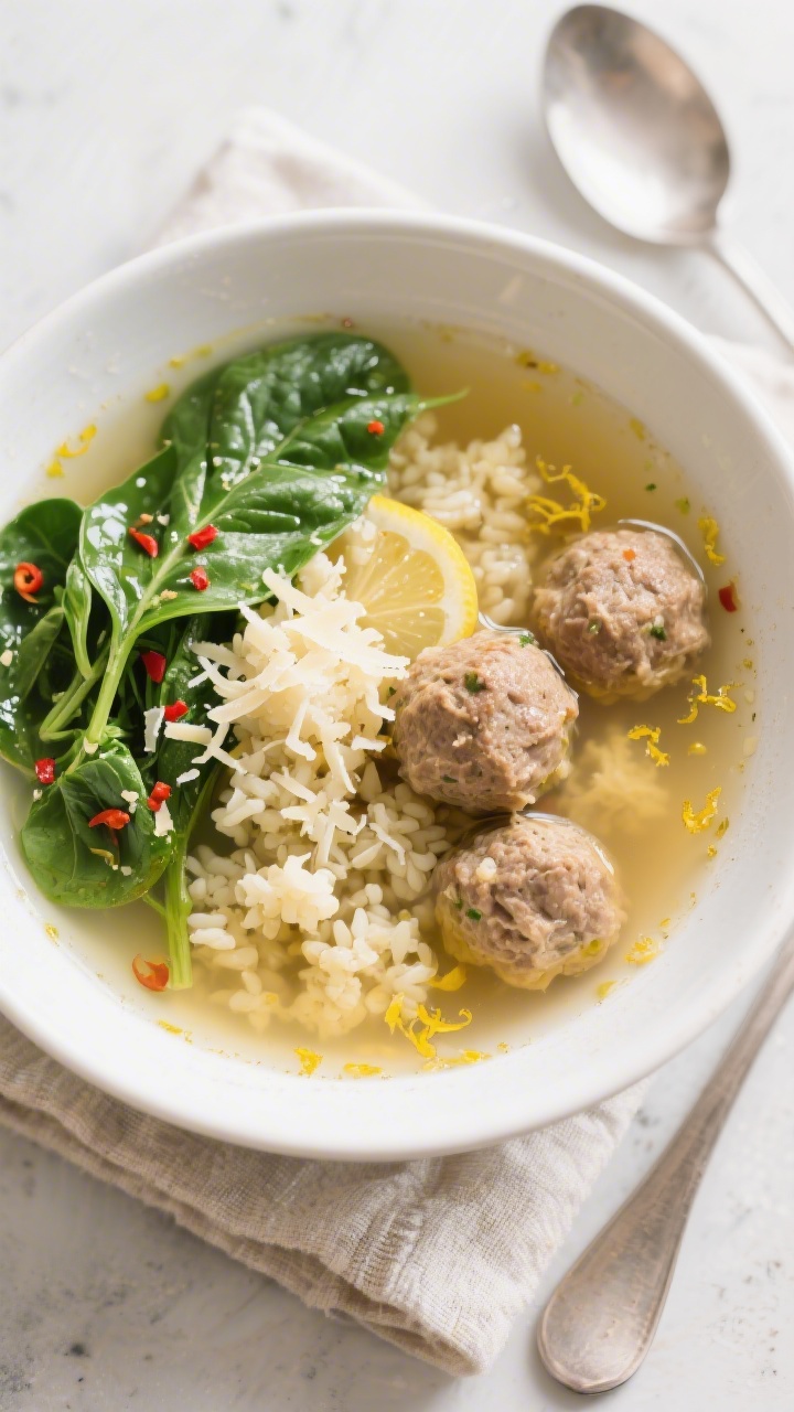 Tasty top view: Overhead shot of Keto Italian Wedding Soup in a matte white soup bowl, showcasing bi