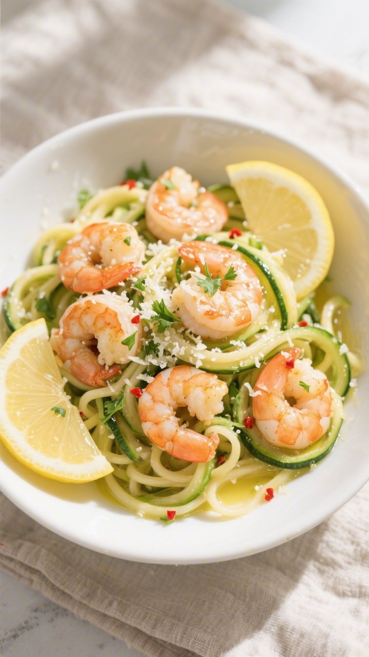 Tasty top view: Overhead shot of keto lemon butter shrimp pasta with zucchini noodles (zoodles) just