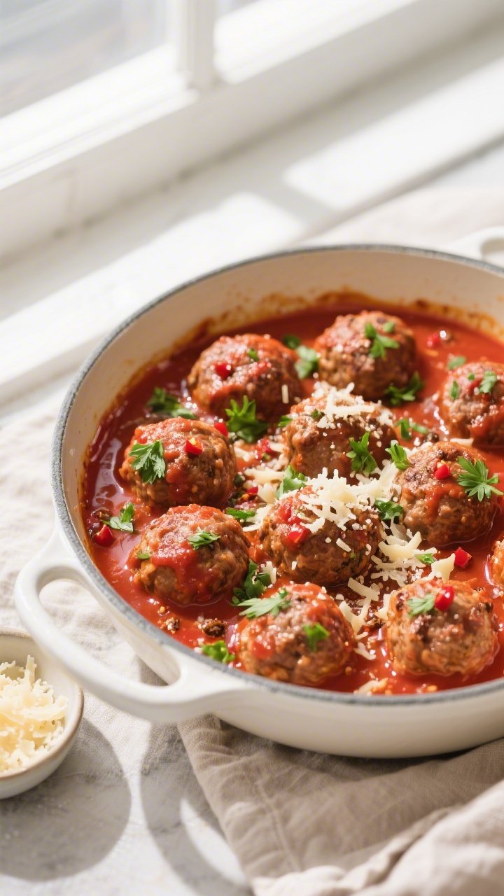 Tasty top-view: Overhead shot of keto meatballs nestled in a glossy, low-carb marinara simmer, evenl